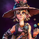 A young girl wearing a witch hat stares at the camera while juggling different colored dice.